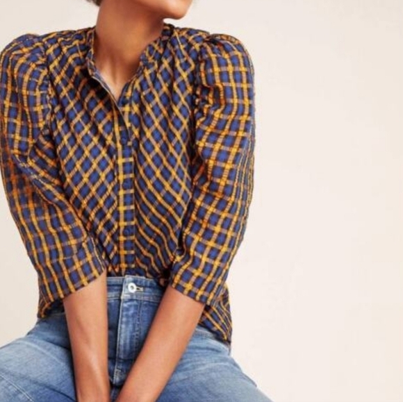 Eva Franco Anthropologie Plaid Button Down Blouse Womens 14 Orange Blue - Picture 13 of 13